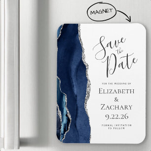 Modern Agate Navy Blue Silver Save the Date Magnet