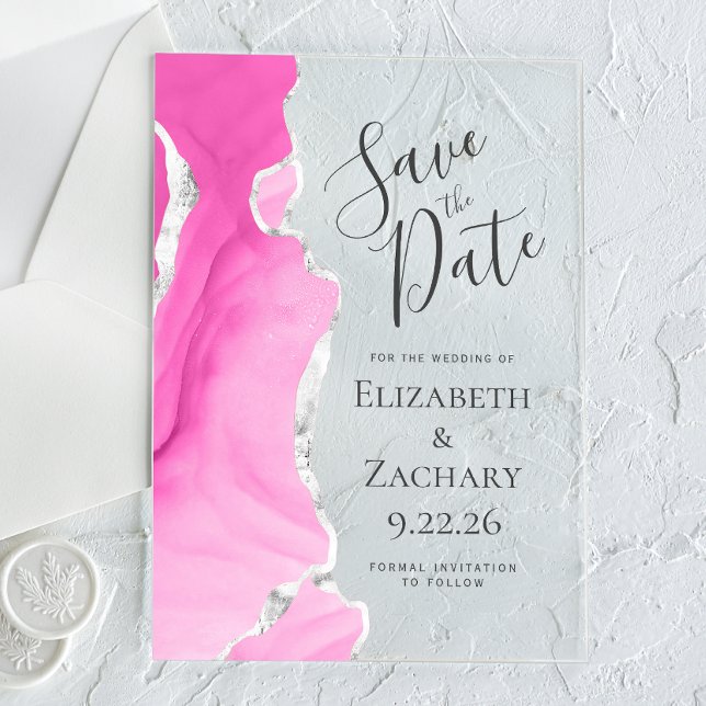 Modern Agate Pink Silver Wedding Save the Date Acrylic Invitations (Creator Uploaded)