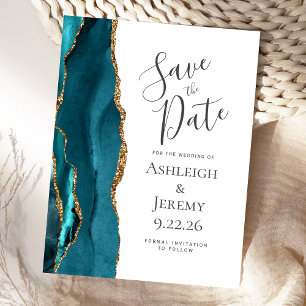 Modern Agate Teal Gold Wedding Save the Date Postcard