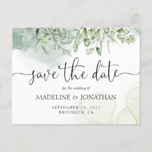 Modern Agate Watercolor Eucalyptus Greenery Announcement Postcard