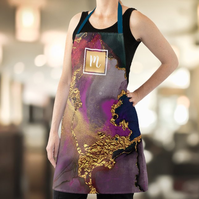 Modern agate watercolor gold purple navy monogram apron (Creator Uploaded)