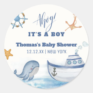 Modern Ahoy Boy Whale Sailboat Baby Shower  Classic Round Sticker