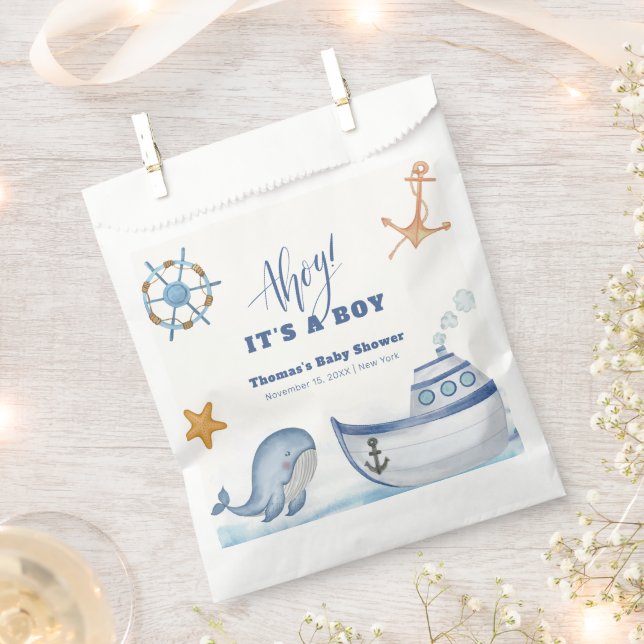 Modern Ahoy Boy Whale Sailboat Baby Shower  Favour Bags (Clipped)