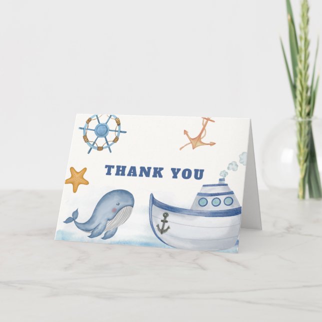 Modern Ahoy Boy Whale Sailboat Baby Shower  Thank You Card (Front)