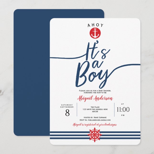 Modern,Ahoy, it's a Boy, Nautical, Baby Boy Shower Invitation (Front/Back)