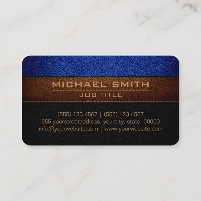 Modern Air Force Blue and Black Leather Look Business Card (Back)