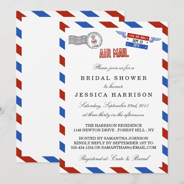 Modern Airmail Bridal Shower Invitations (Front/Back)