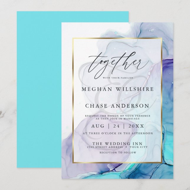 Modern Alcohol Ink Wedding Aqua Violet Invitation (Front/Back)