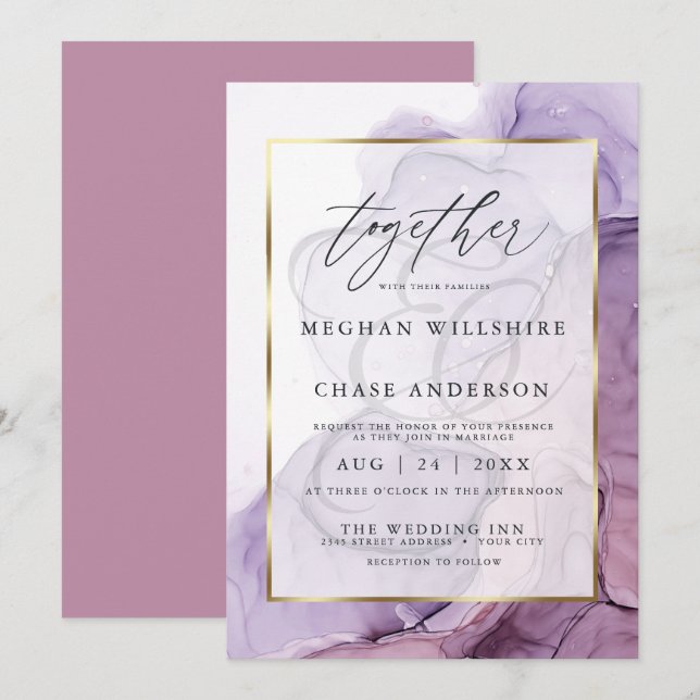 Modern Alcohol Ink Wedding Rose Plum  Invitation (Front/Back)