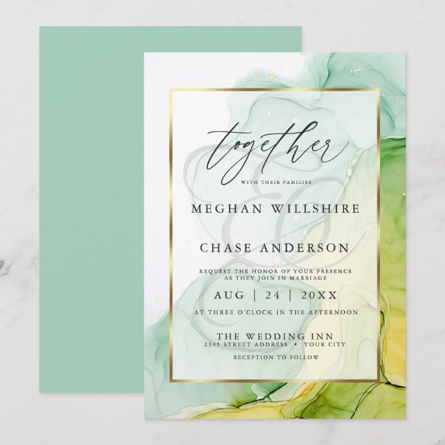 Modern Alcohol Ink Wedding Vibrant Greens and Gold Invitation (Front/Back)