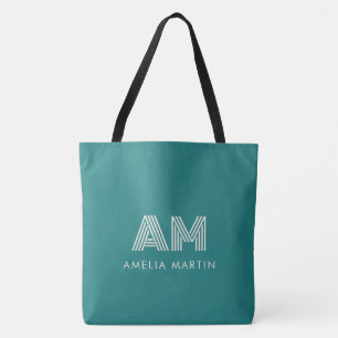 Modern Alexandrite Teal Geometric Monogram Canvas Tote Bag