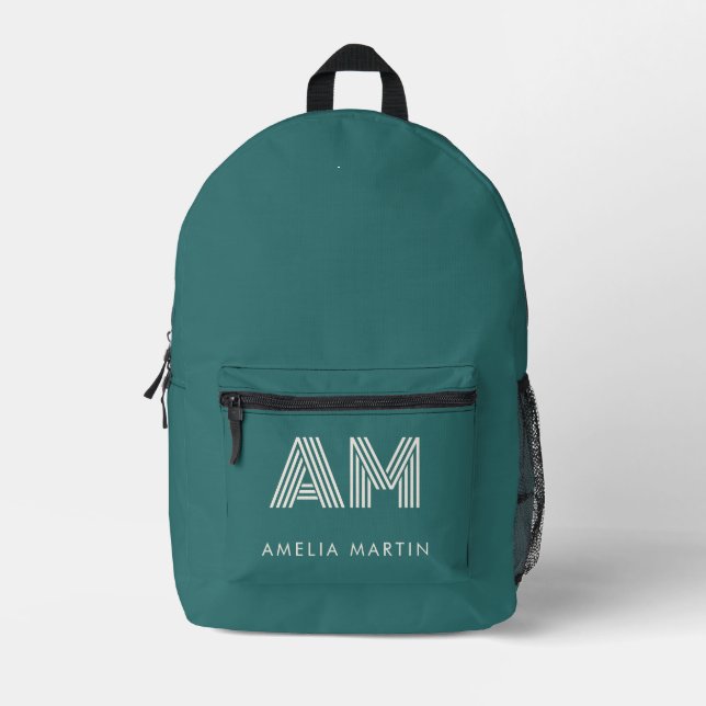 Modern Alexandrite Teal Geometric Monogram Printed Backpack (Front)