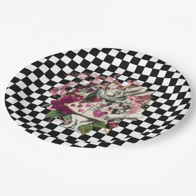 Modern Alice in Wonderland Rabbit Black White Paper Plate (Angled)