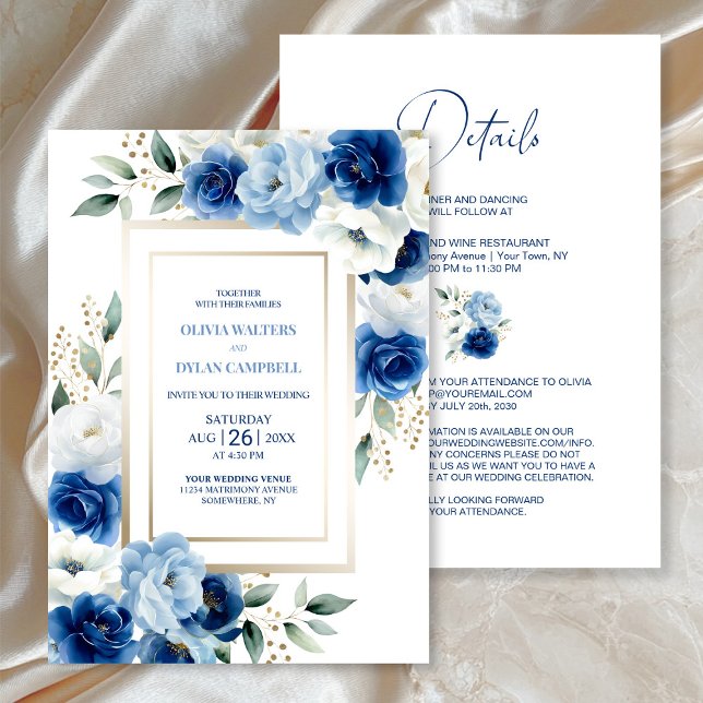 Modern All in One Blue Floral Wedding Invitation (Creator Uploaded)