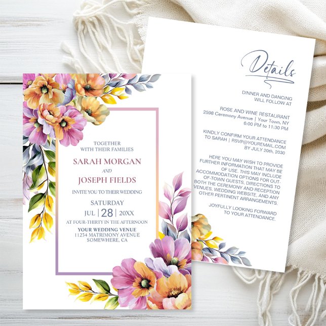 Modern All in One Pink and Orange Floral Wedding  Invitation (Creator Uploaded)