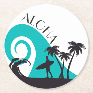 Modern Aloha Surf and Palm Trees Round Paper Coaster