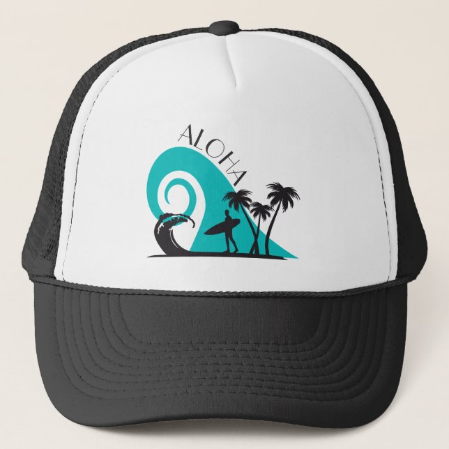 Modern Aloha Surf and Palm Trees Trucker Hat (Front)