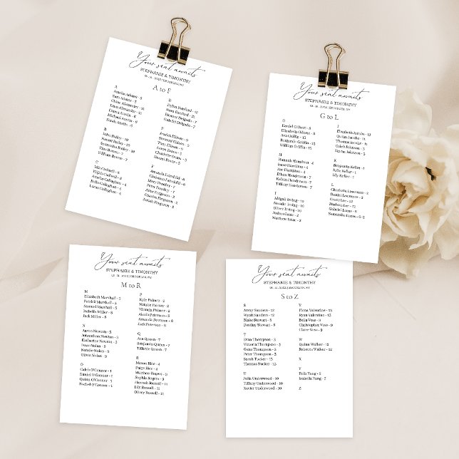 Modern Alphabetical Budget Wedding Seating Card (Convenient and organized wedding seating chart with alphabetical name arrangement.)