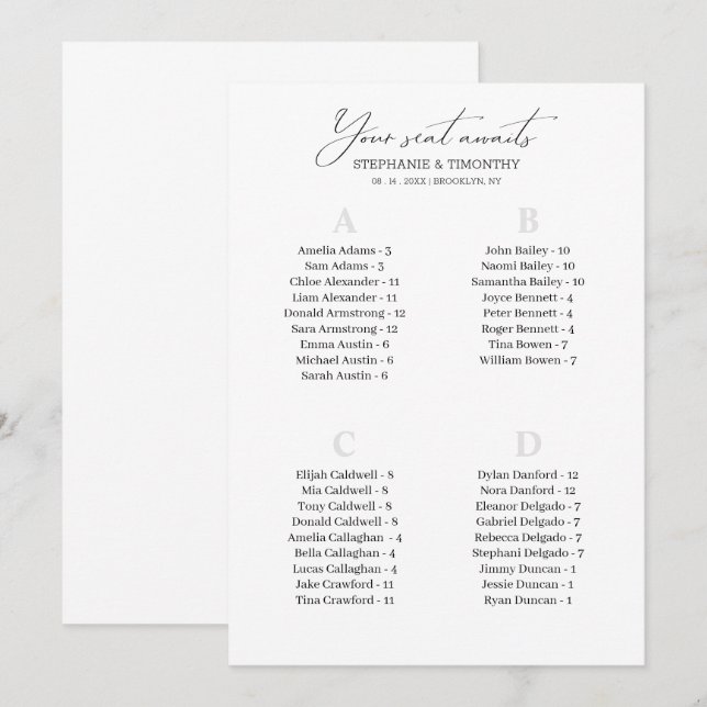 Modern Alphabetical Wedding Guest Seating Cards (Front/Back)