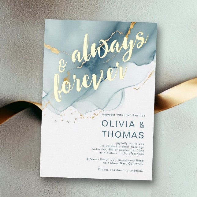 Modern Always Forever Blue Gold Beach Wedding (dusty blue beach wedding invitation always and forever gold teal typography modern romantic bohemian)