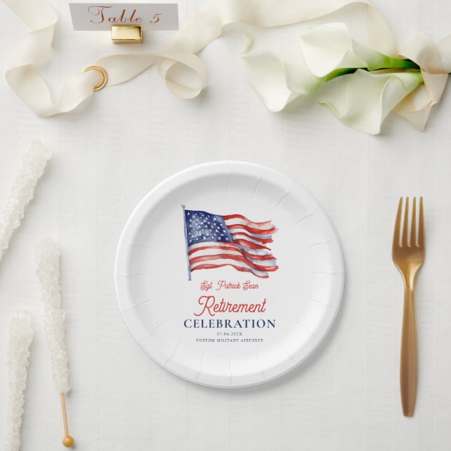 Modern American Flag 4th of July Army Retirement  Paper Plate (Wedding)