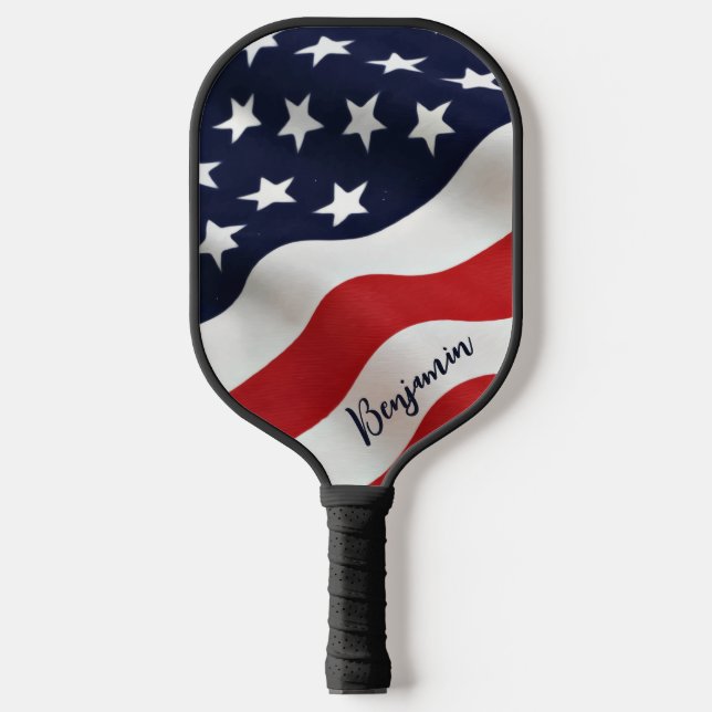 Modern American Flag Personalised Name Patriotic Pickleball Paddle (Front)