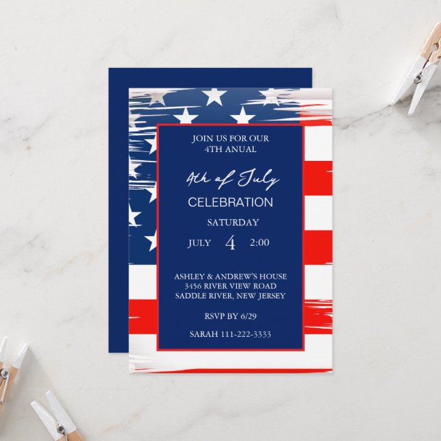 Modern American Flag Red White And Blue Patriotic  Invitation (Front/Back In Situ)