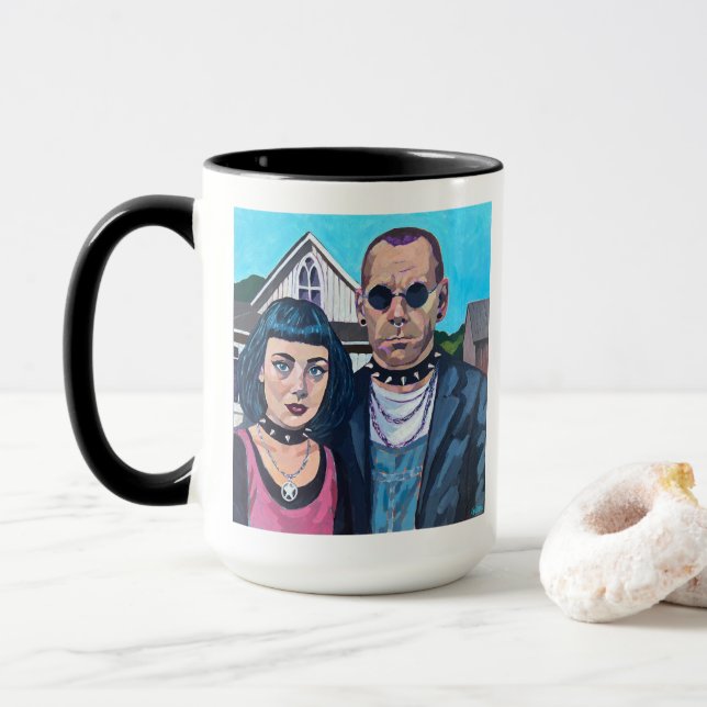 Modern American Gothic Art - Grant Woods Inspired Mug (With Donut)
