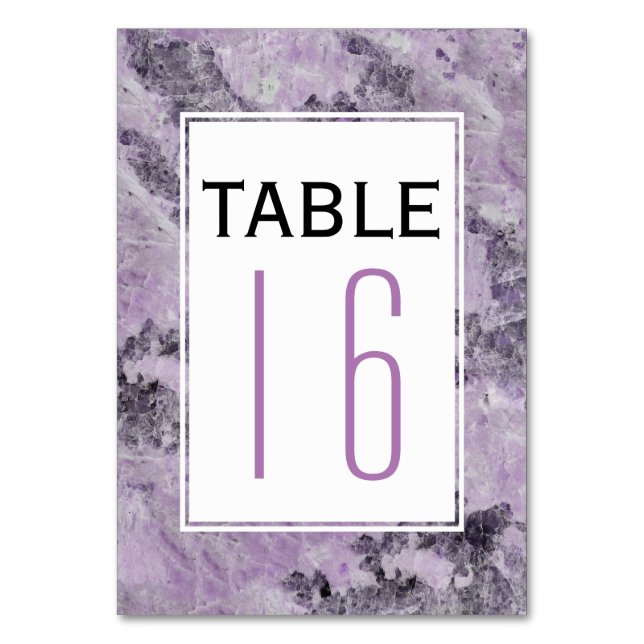 Modern amethyst purple wedding table number (Front)