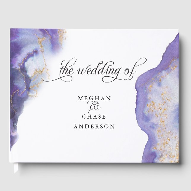 Modern Amethyst Watercolor Geode  BarefootBride™ Guest Book (Front)