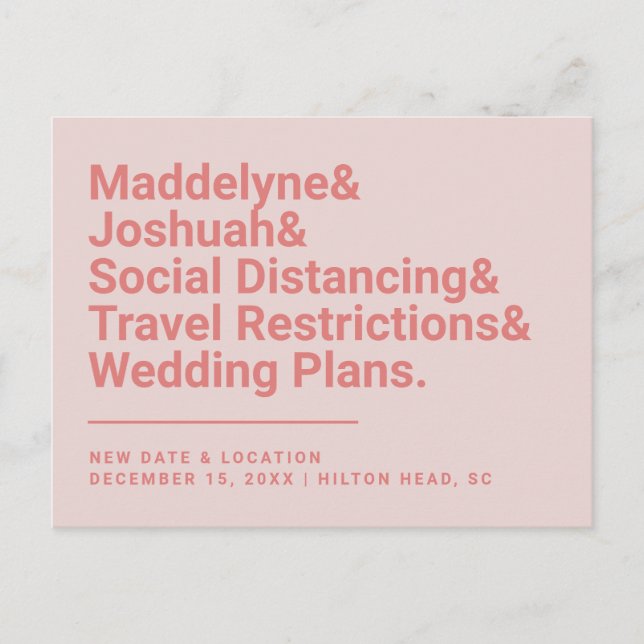 Modern Ampersand Pink Wedding Postponement Postcard (Front)