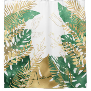 Modern Anastasiah Gold Green Tropical Leaves  Shower Curtain