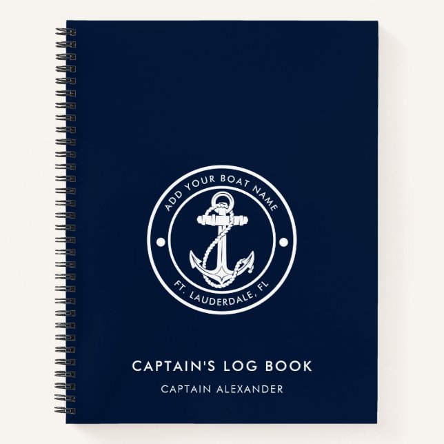 Modern Anchor Boat Name Navy Blue Captains Log Notebook (Front)