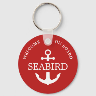 Modern Anchor Boat Name Red White Nautical Key Ring