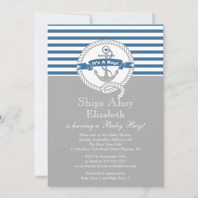 Modern Anchor Nautical Sailboat Boy Baby Shower Invitation (Front)