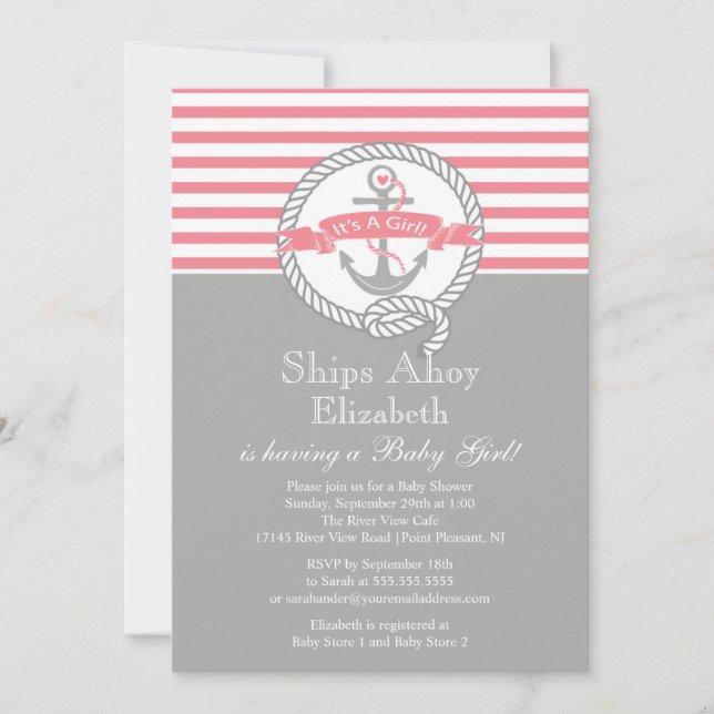 Modern Anchor Nautical Sailboat Girl Baby Shower Invitation (Front)