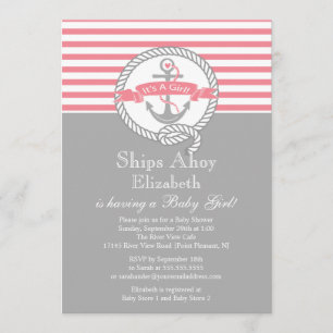Modern Anchor Nautical Sailboat Girl Baby Shower Invitation