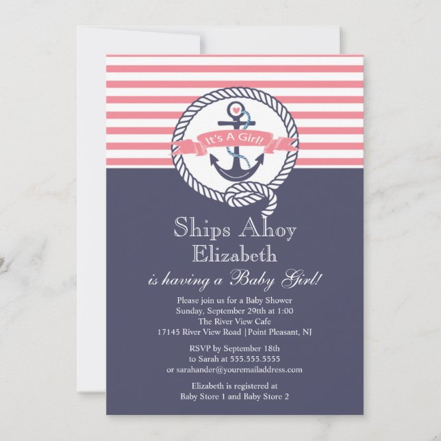 Modern Anchor Nautical Sailboat Girl Baby Shower Invitation (Front)