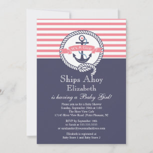 Modern Anchor Nautical Sailboat Girl Baby Shower Invitation