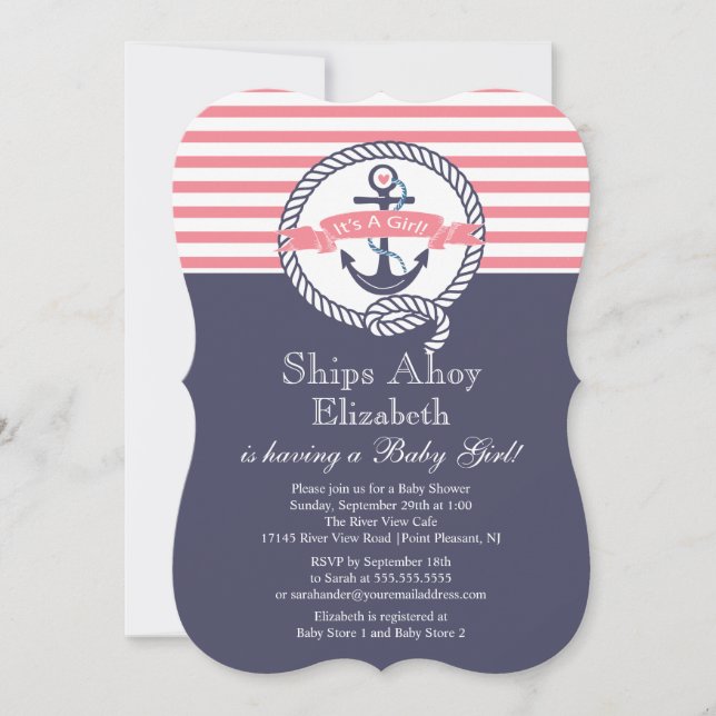 Modern Anchor Nautical Sailboat Girl Baby Shower Invitation (Front)