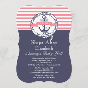 Modern Anchor Nautical Sailboat Girl Baby Shower Invitation