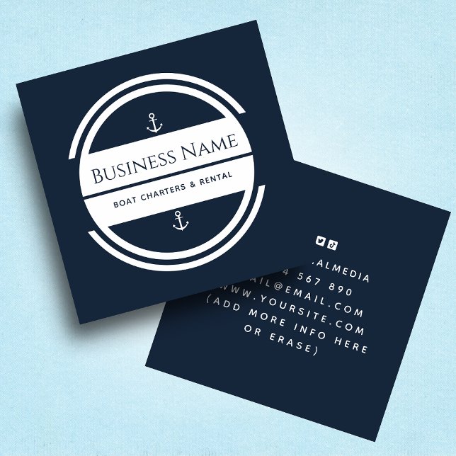 Modern Anchor Sailing Fishing Deep Blue Minimalist Square Business Card (Creator Uploaded)