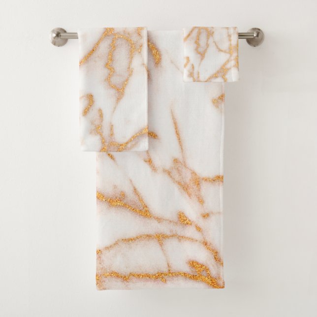 Modern and chic white marble faux gold glitter  bath towel set (Insitu)