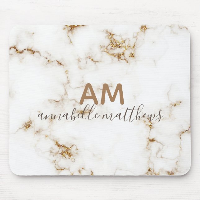 Modern and chic white marble gold glitter mouse mat (Front)