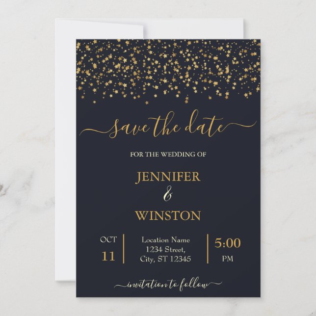 Modern And Classic Gold Stars Wedding Save The Date (Front)