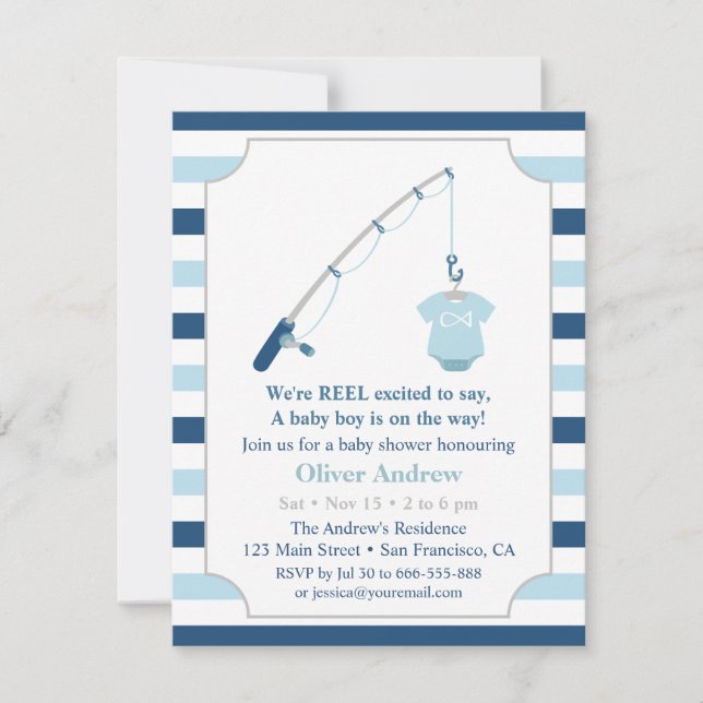 Modern and Cute Fishing Themed Baby Shower Custom Invitation (Front)