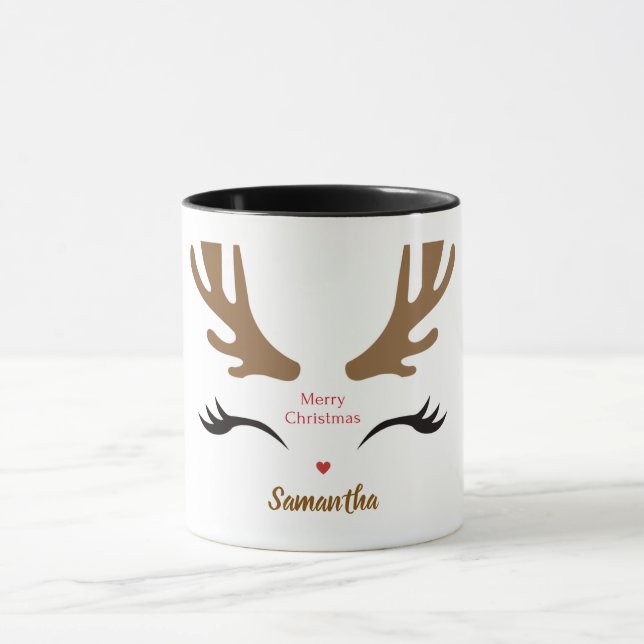 Modern and Cute Merry Christmas Reindeer Face Mug (Center)