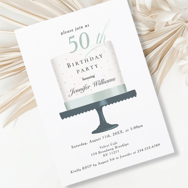 Modern and elegant birthday invitation (Modern, elegant, white, mint, birthday cake invitation.)