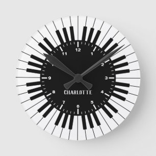 Modern and Elegant Black and White Piano Keyboard Round Clock