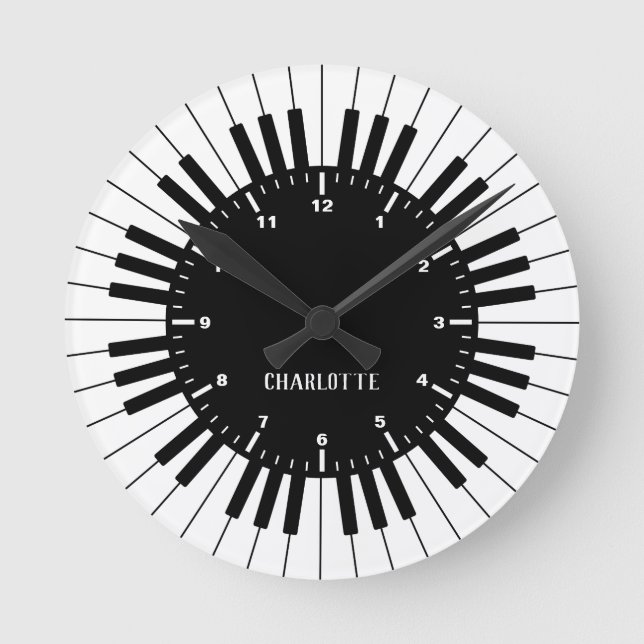 Modern and Elegant Black and White Piano Keyboard Round Clock (Front)